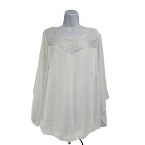 AB Studio Womens Off White Blouse Top Lace Yoke Flutter Sleeves Boho Size 1X